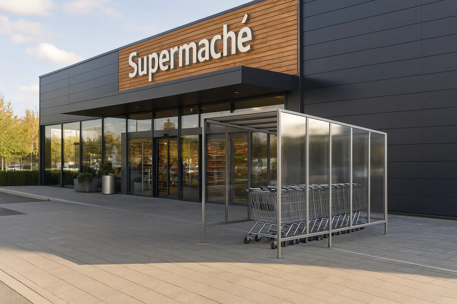 Mobilier point de vente Abri-chariots extérieur en aluminium et polycarbonate – best-seller Armony 1